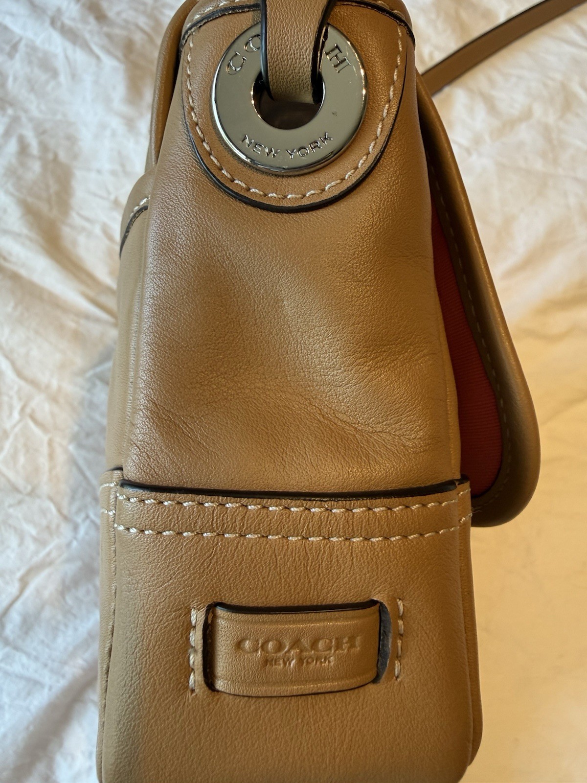 Coach Camel Tan Crossbody Bag Buckle Flap Magnetic Closure Pink Lining