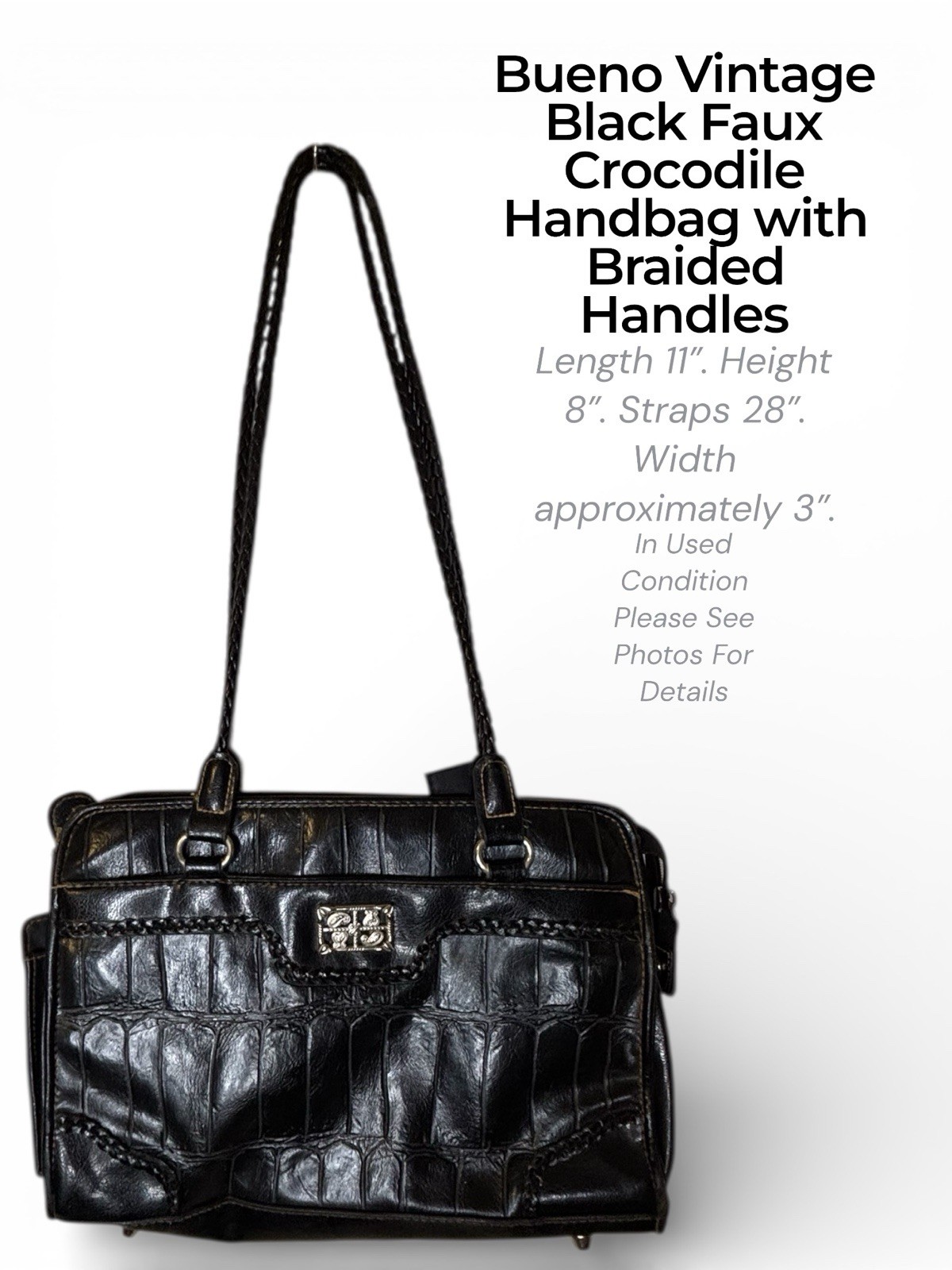 Black Faux Crocodile Handbag – Braided Handles & Decorative Clasp