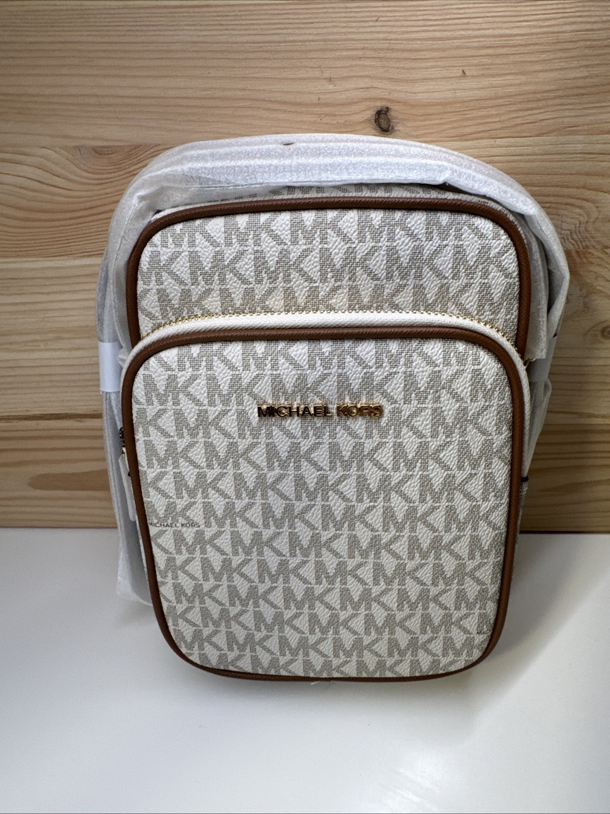 Michael Kors Jet Set Travel Signature PVC Medium Logo Chain Crossbody Flight Bag