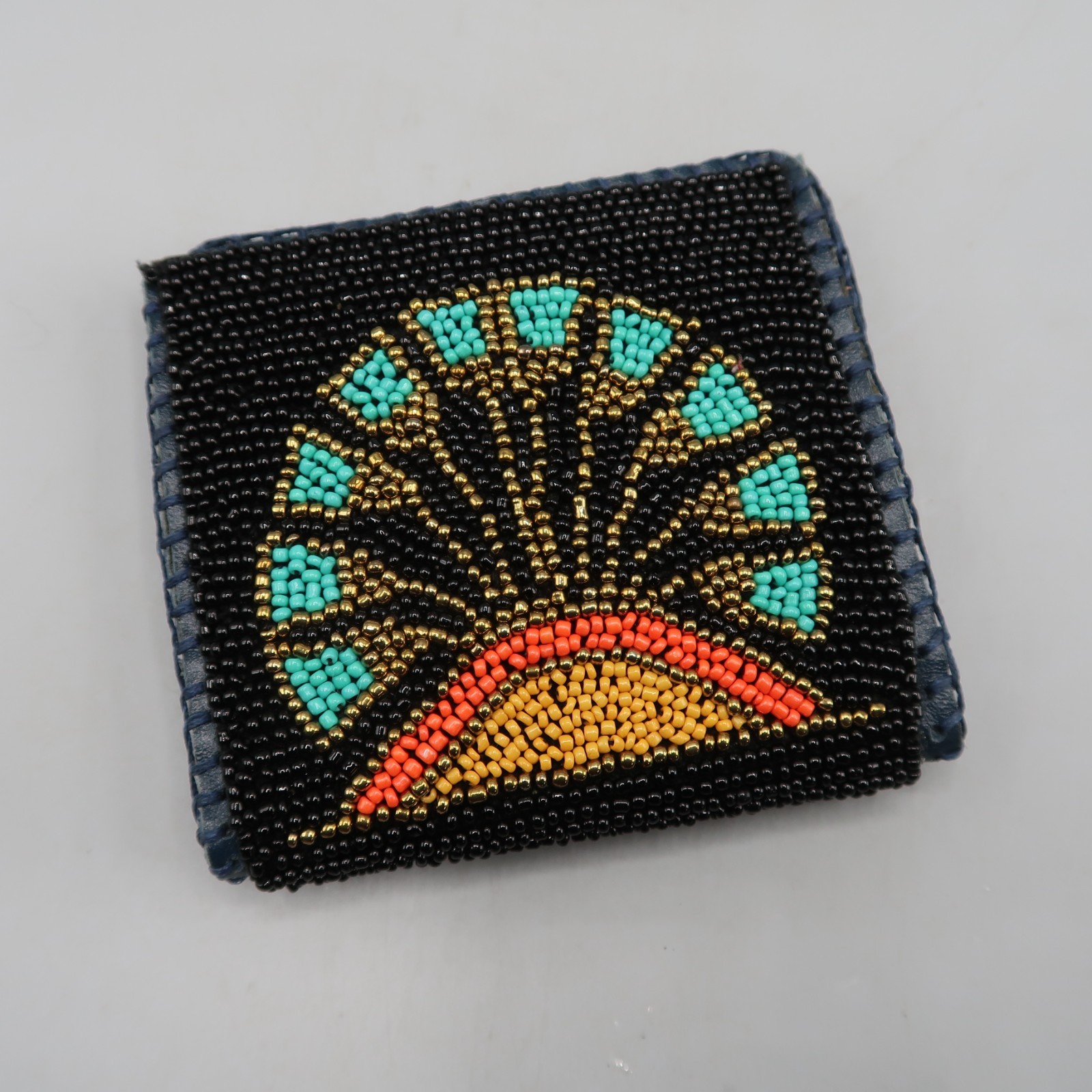 Black Beaded Wallet Bifold Floral Colorful 4″x4″ Leather by .jozee in Egypt