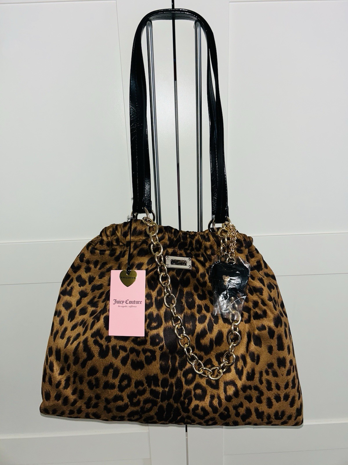Juicy Couture Leopard Animal Print Tote Bag, Drawstring, Chain, Heart Charm