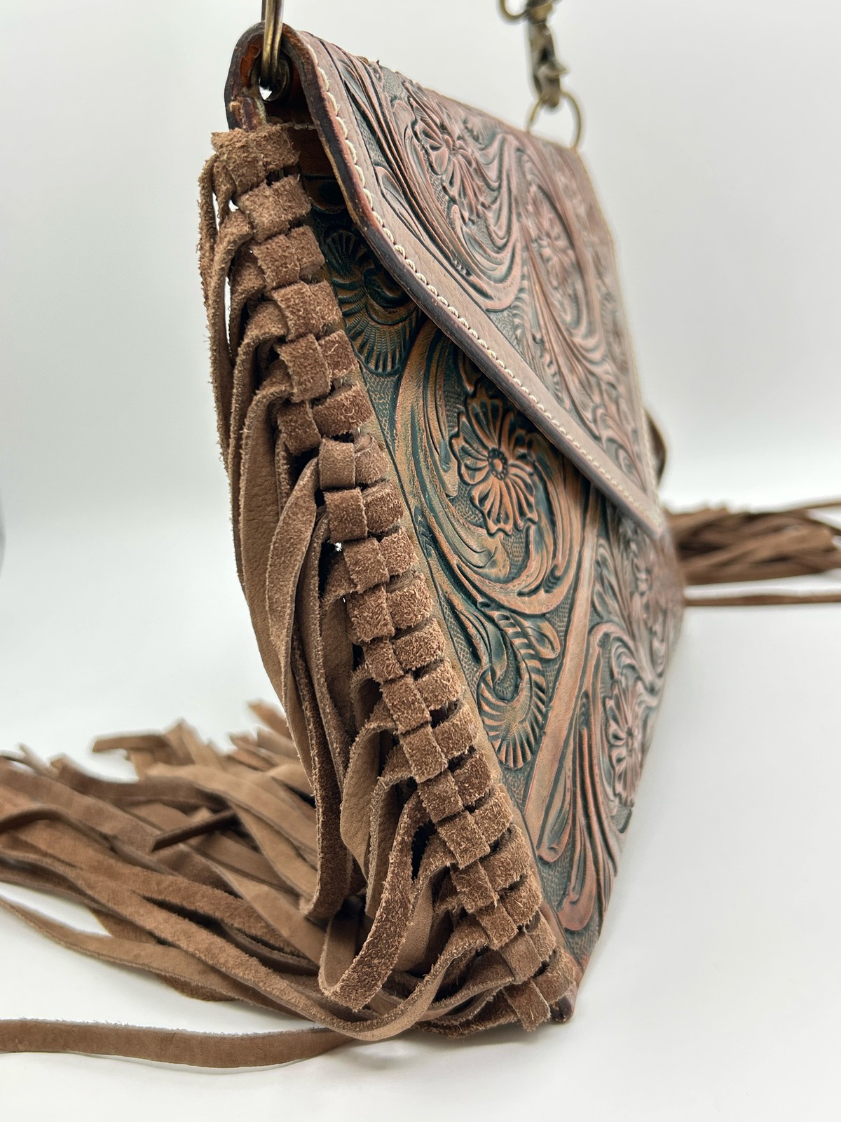 American Darling Tooled Leather Purse Tan Women Clutch Crossbody Distress Fringe