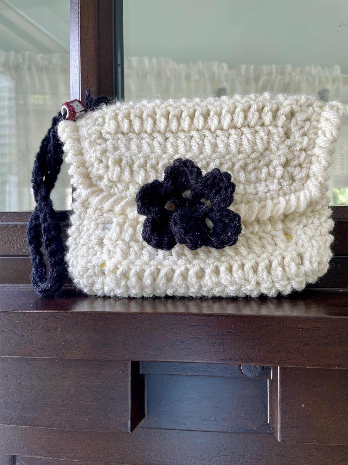Handmade Crocheted Purse With Handle And Floral Closure/Lemon Fabric Lined