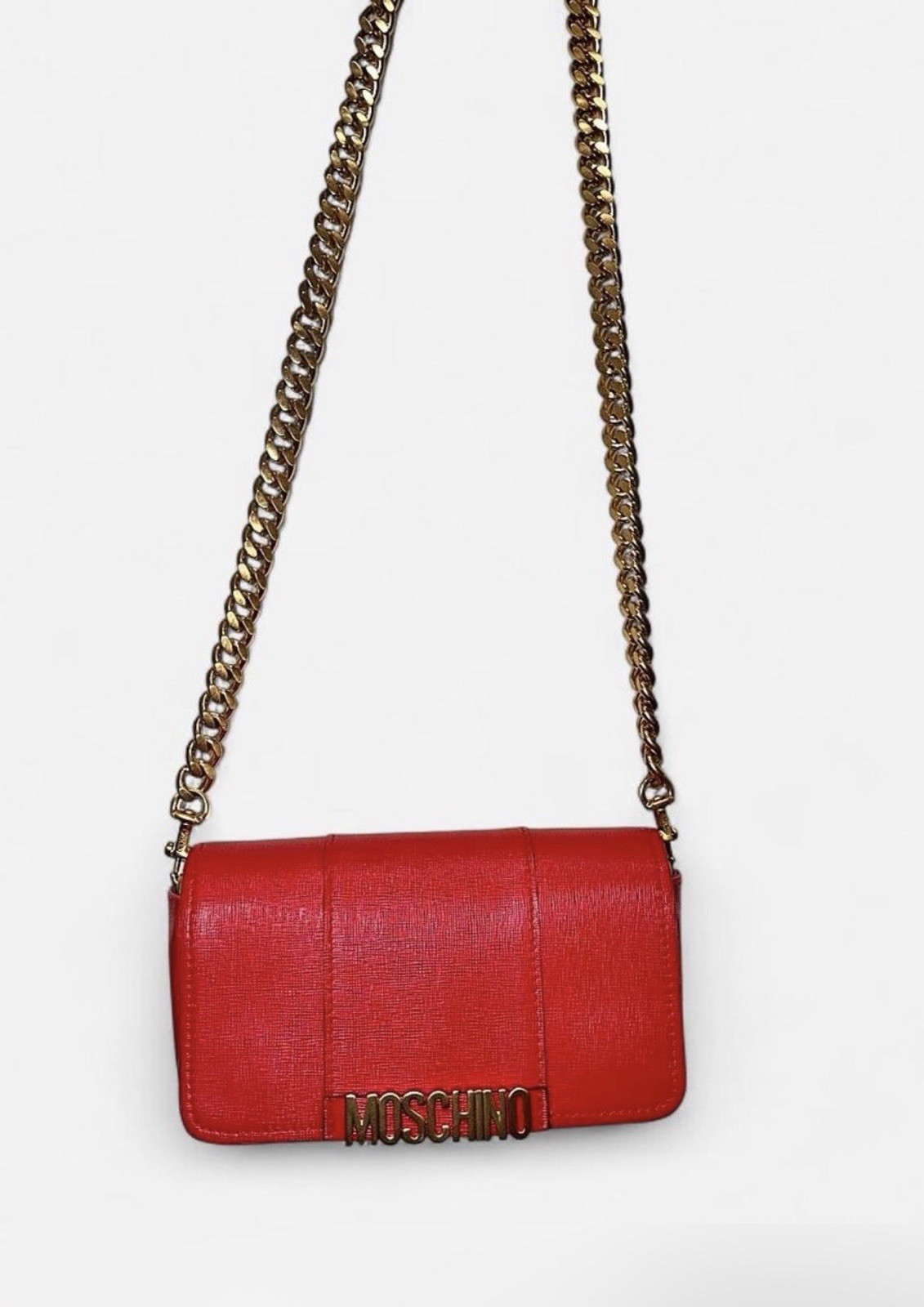 Moschino Red Small Crossbody Bag Gold Chain Strap Magnetic Closure Logo