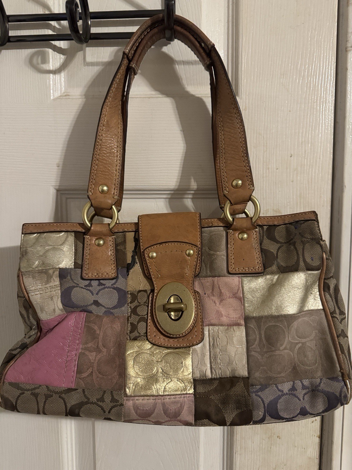 Coach Multicolor Patchwork Shoulder Bag Turn Lock Zip Top Gold Hardware