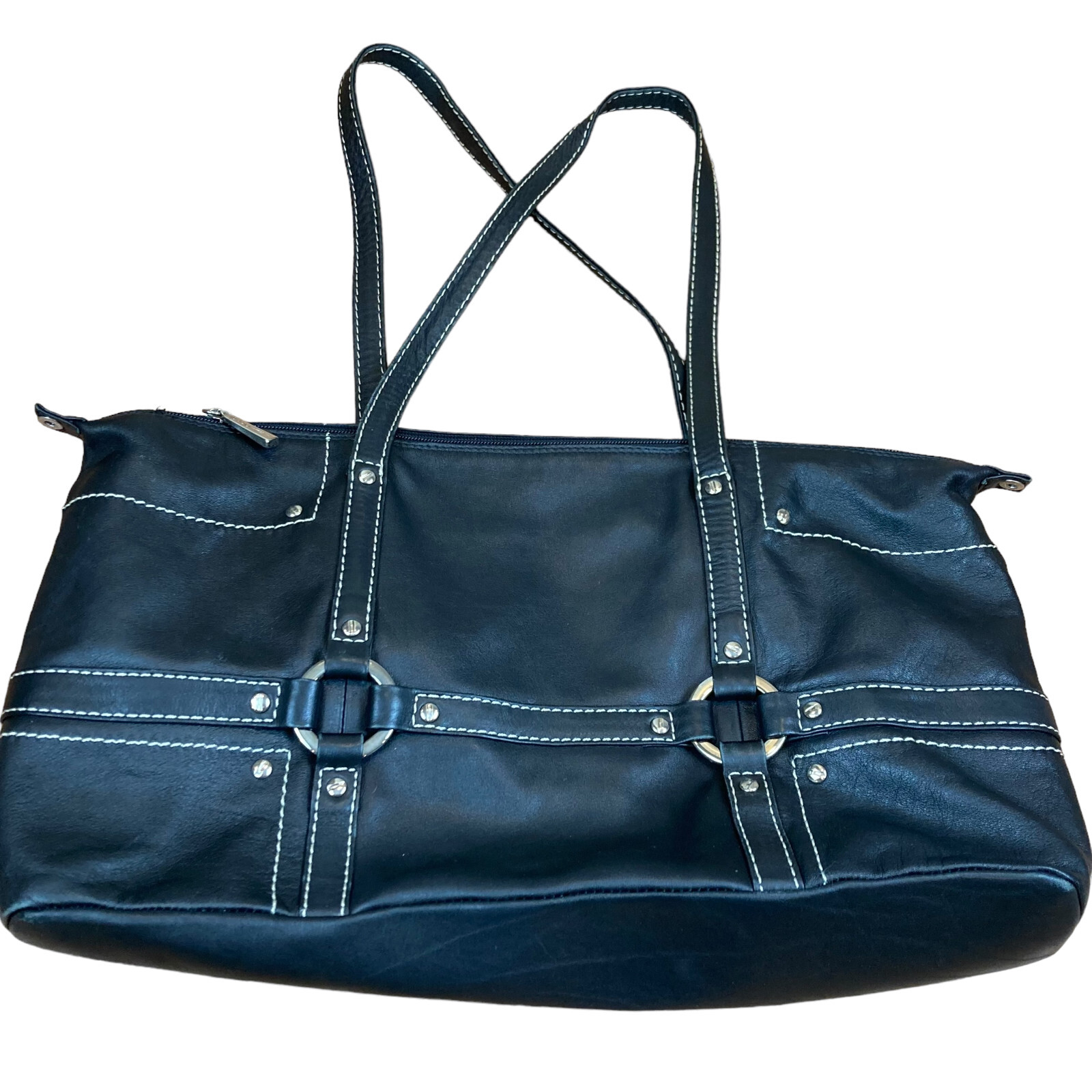Marco Buggiani Black Leather Stitched Harness Tote Bag Moto Bag Made in Italy