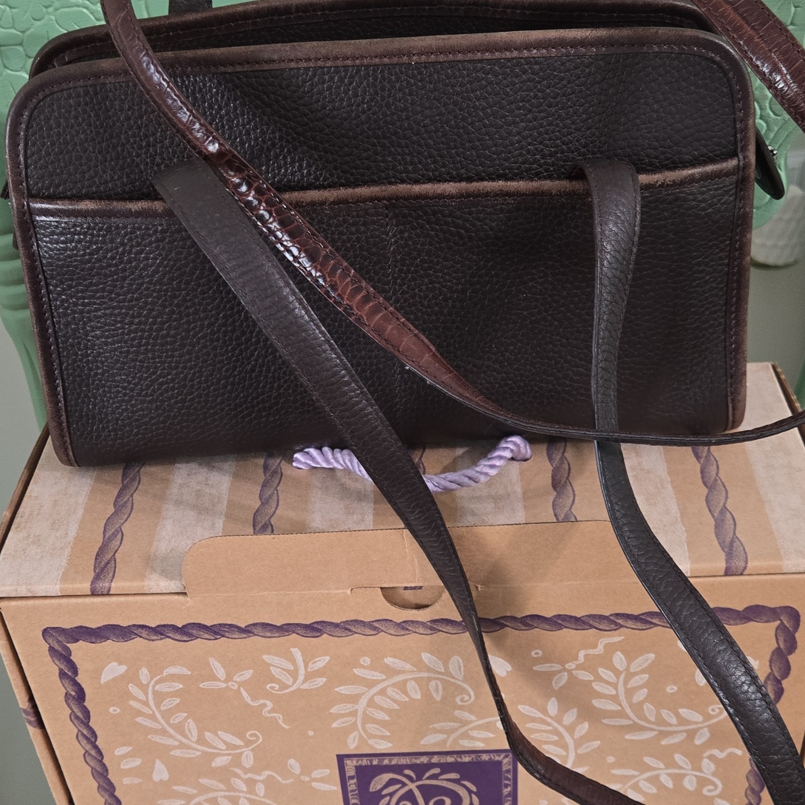 Brighton Brown Pebbled Shoulder Bag Zip Top, Floral Lining, Dust Bag