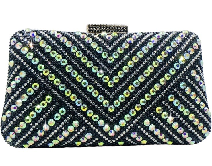 Boutique De FGG V Stripe Rhinestone Mini Clutch Purse Black W/ Removable Strap