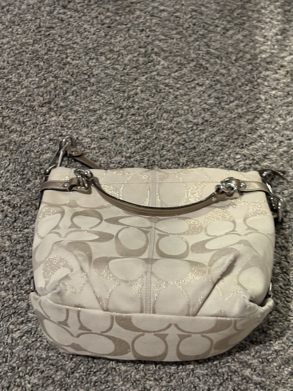 Coach Signature Beige Small Shoulder Bag Zip Silver Hardware Detachable Strap