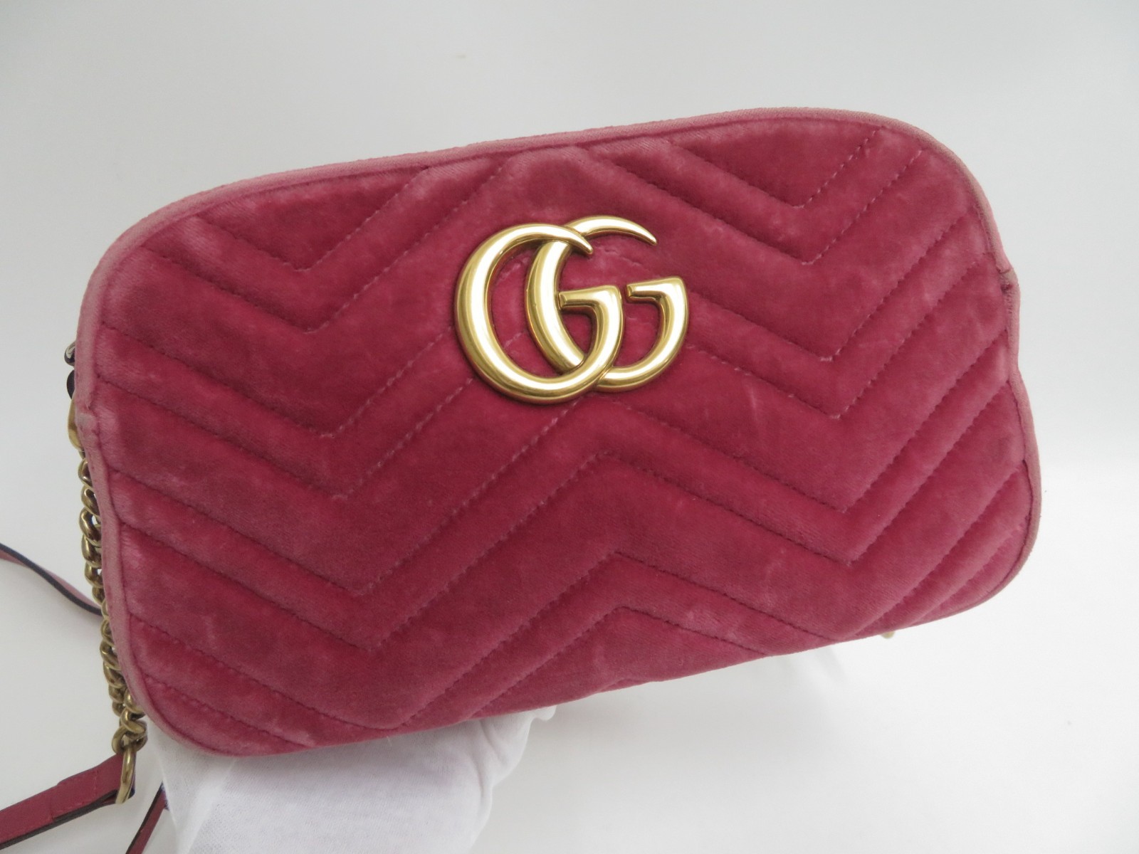 Authentic Gucci GG Marmont V Stitch Suede Chain Crossbody Shoulder Bag I#46131