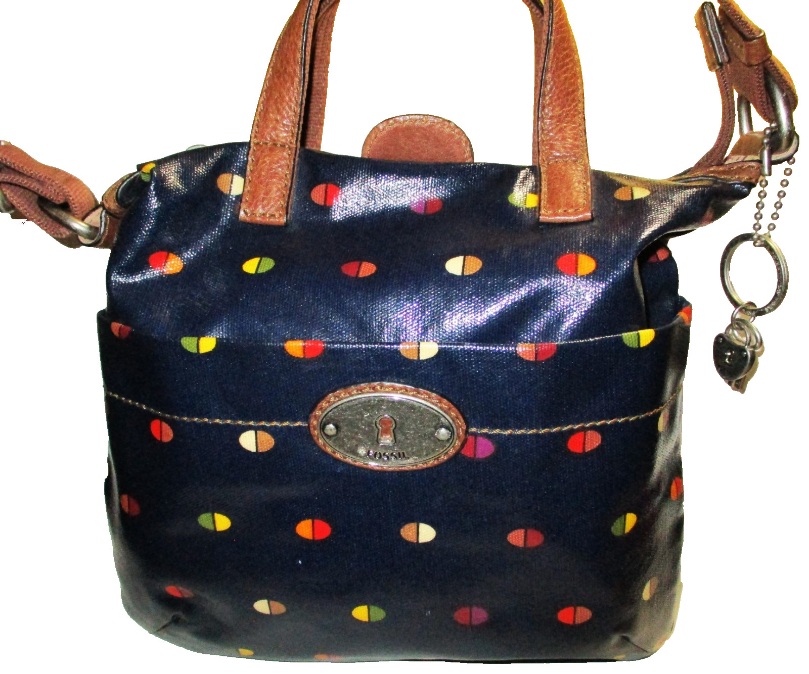 FOSSIL KEY-PER COATED CANVAS CROSSBODY BAG NAVY BLUE SPLIT DOT,LOCK KEY CHARM