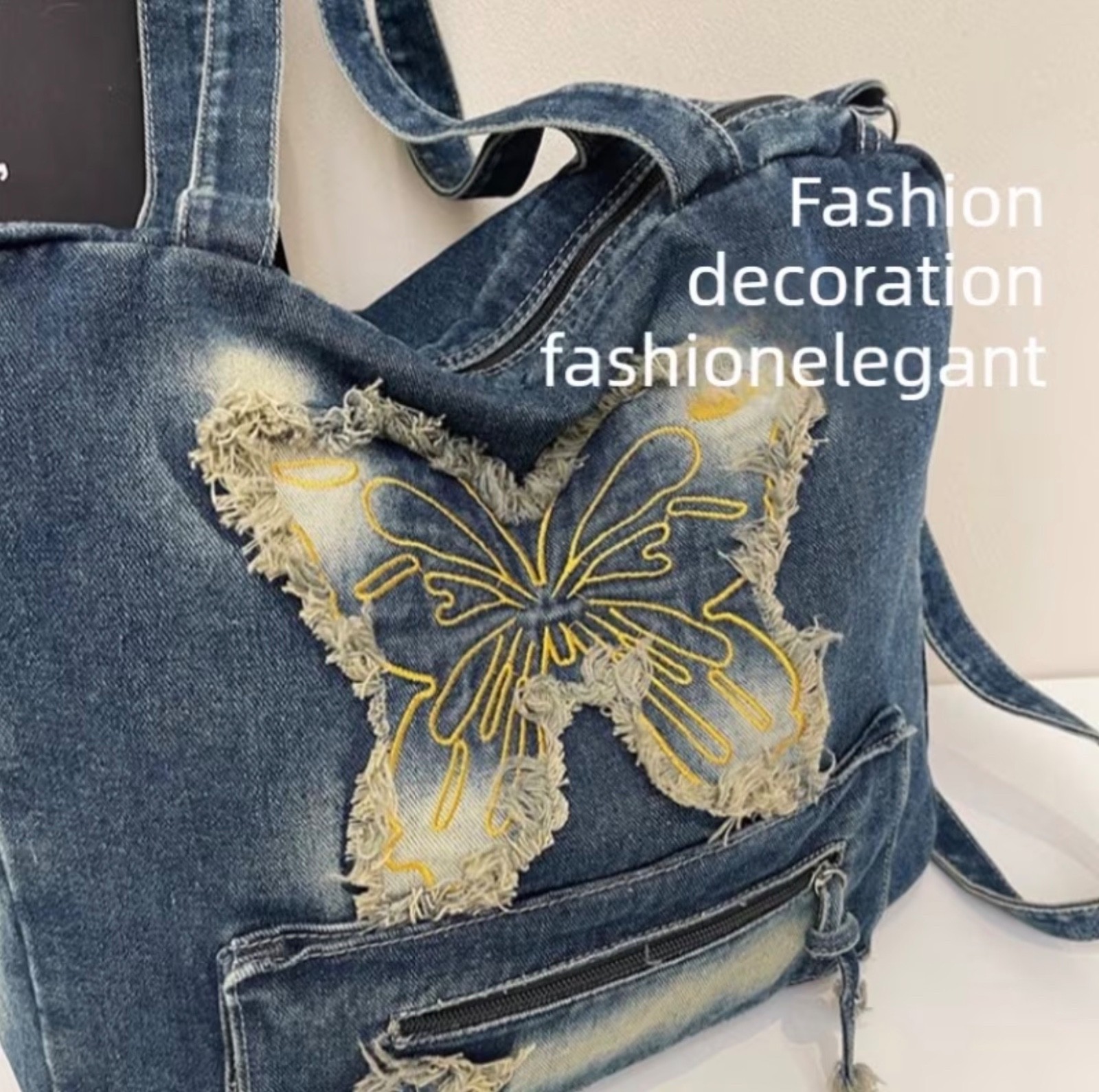 Dark Blue Denim Crossbody Shoulder Bag With Butterfly Design