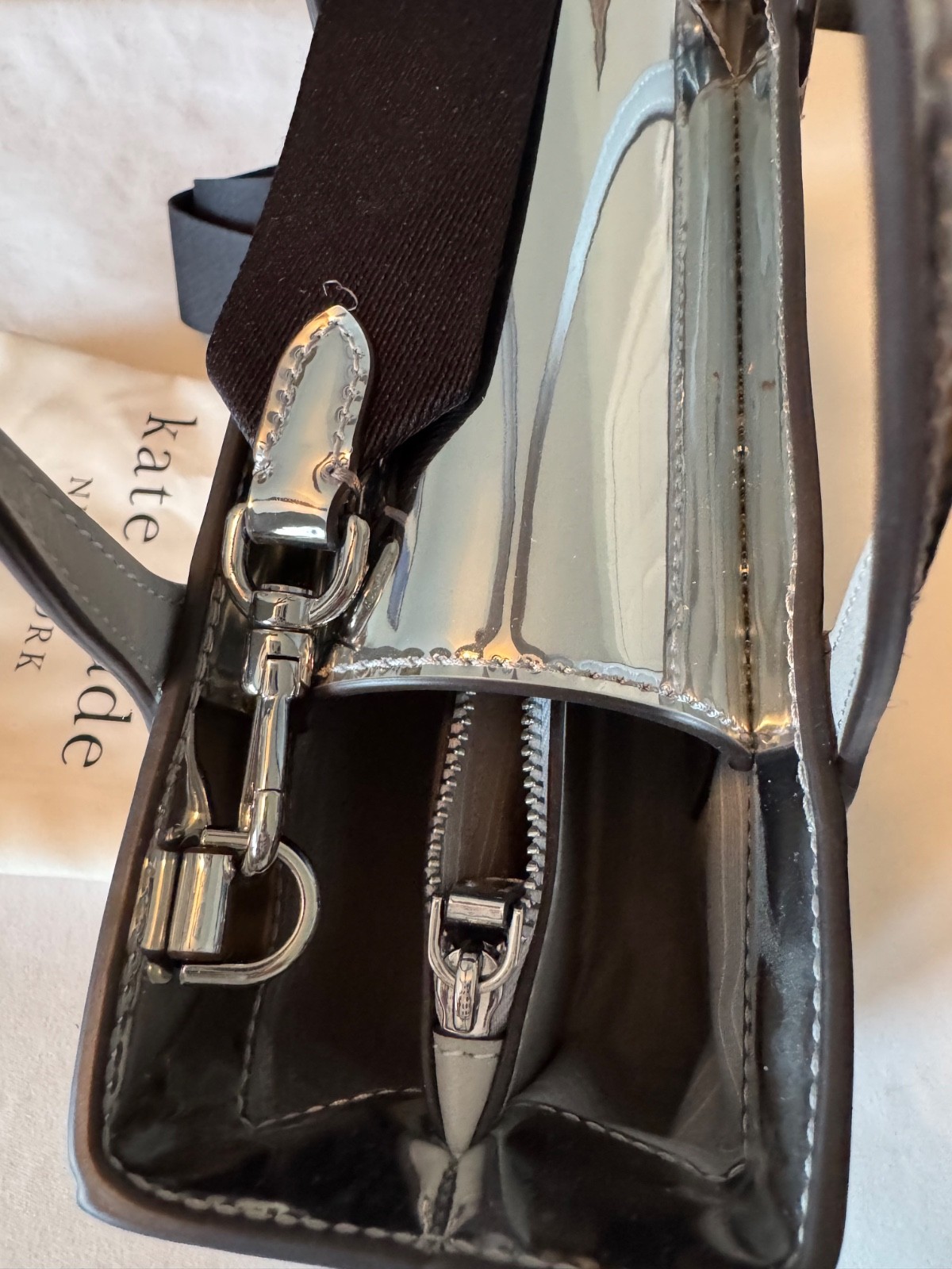 Metallic Mirror Silver Kate Spade Sam Icon Small Rectangle Crossbody Tote EUC