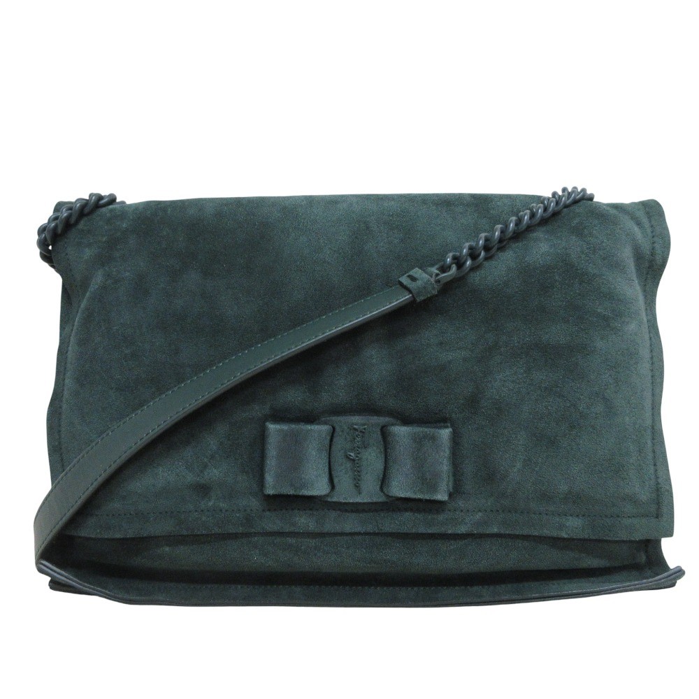 Salvatore Ferragamo VIVA BOW Vara Ribbon Suede Chain Shoulder Bag Women USED