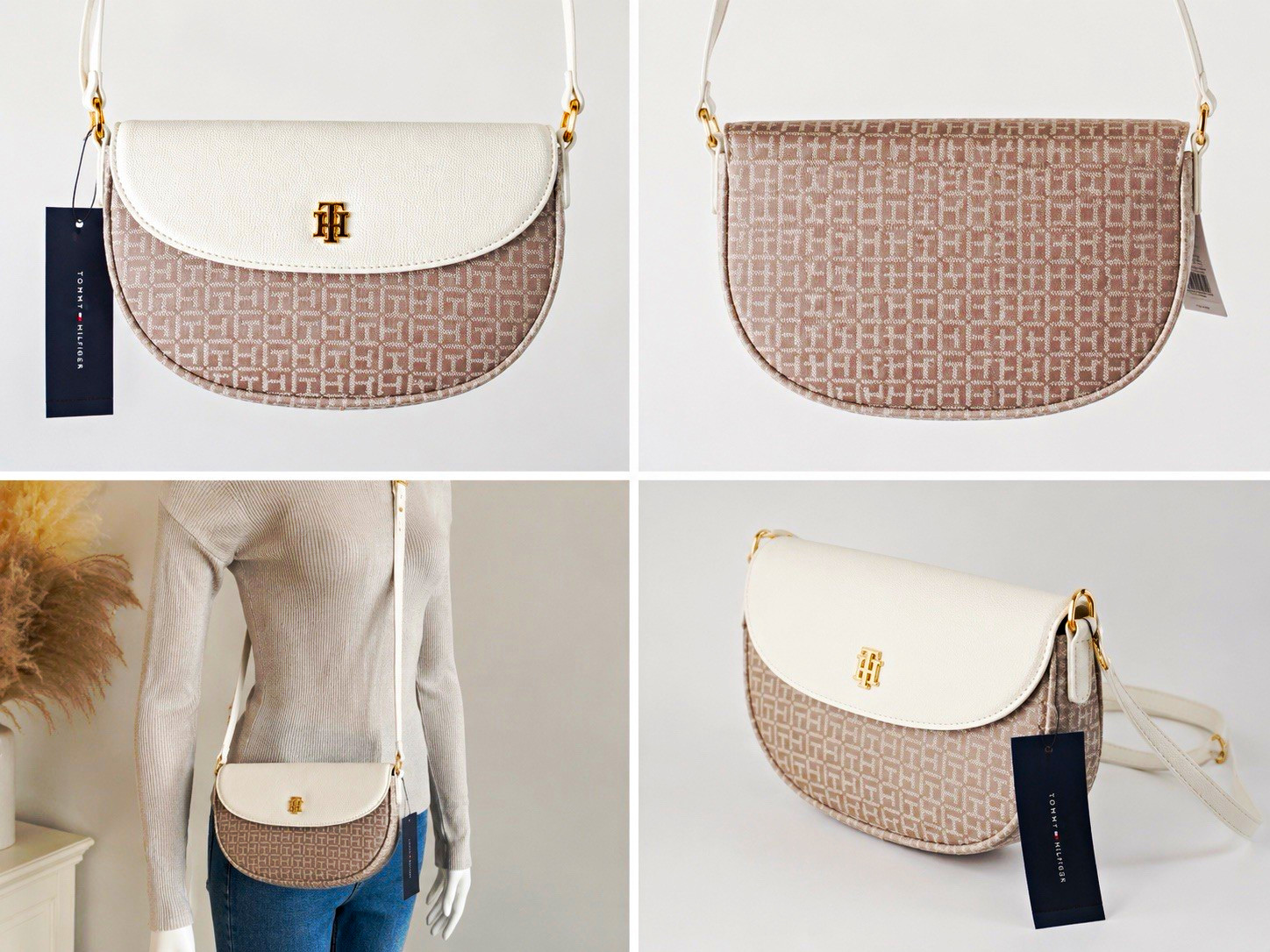 Tommy Hilfiger Beige White Monogram Small Saddle Crossbody Magnetic Gold Logo