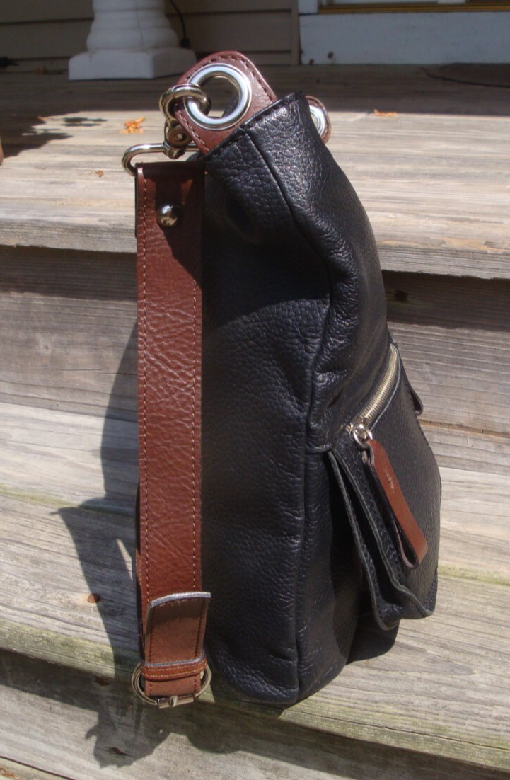 TANO Black Leather Large Hobo Handbag Tote Lightweight Boho Biker Hippie Brown