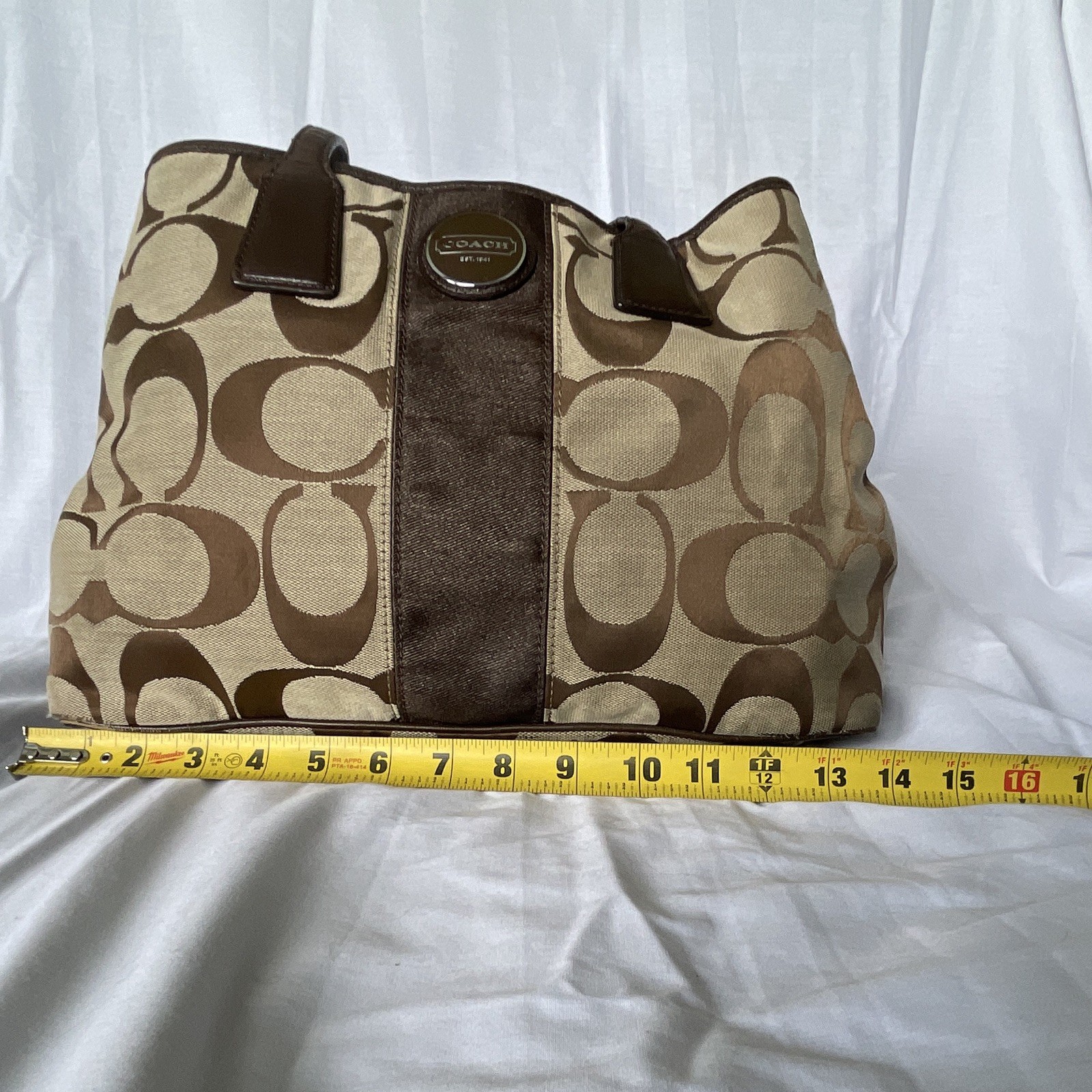 Coach Signature Kisslock Frame Tote, Brown/Beige, Silver Hardware, Charm