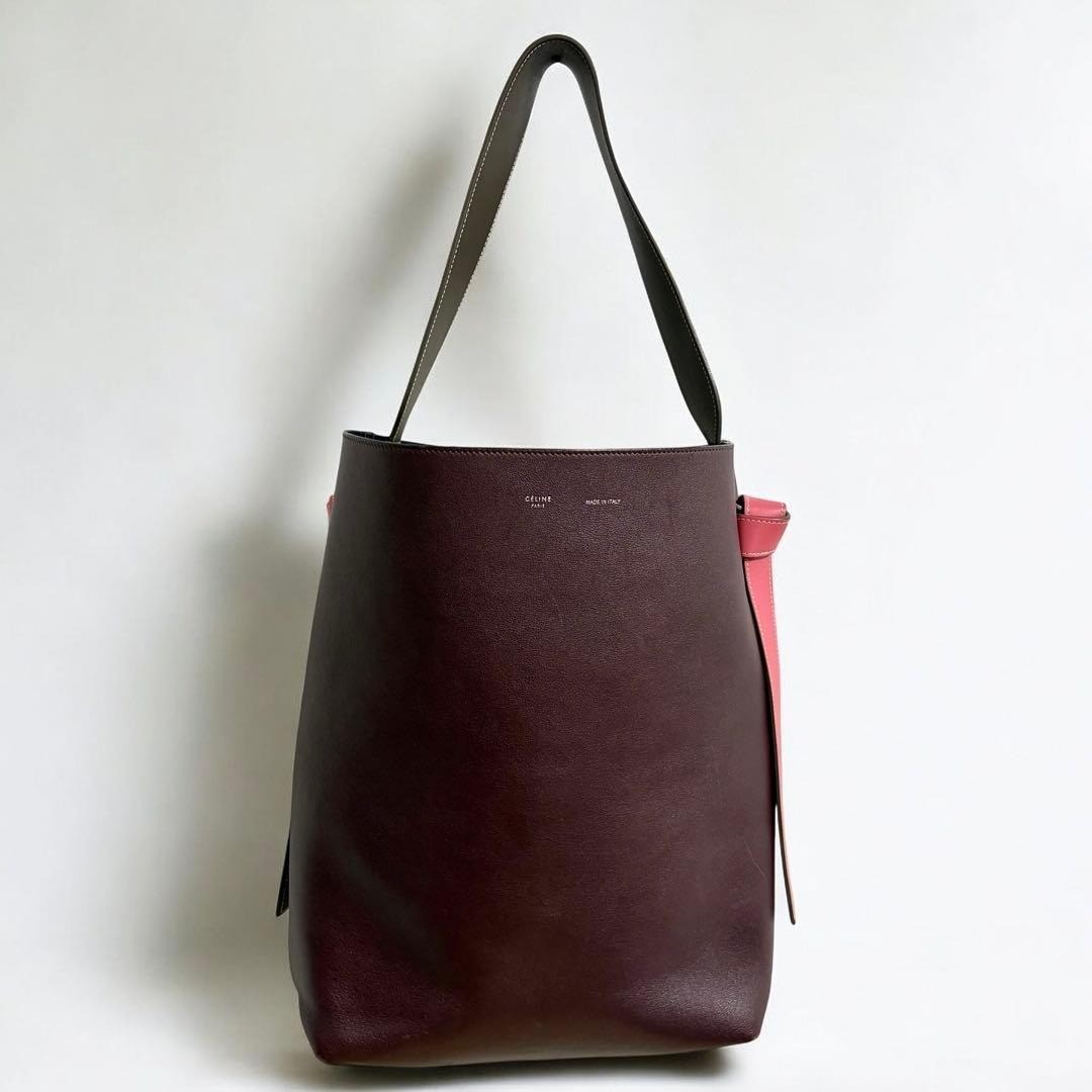 CELINE Twisted Cabas Leather Shoulder Bag Burgundy Ivory Colorblock Used Italy