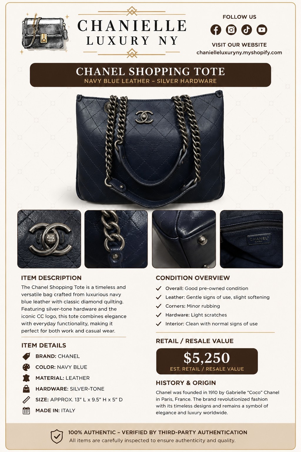 CHANEL Navy Blue Shopping Tote, Quilted Logo, Silver Hardware, Chain Strap