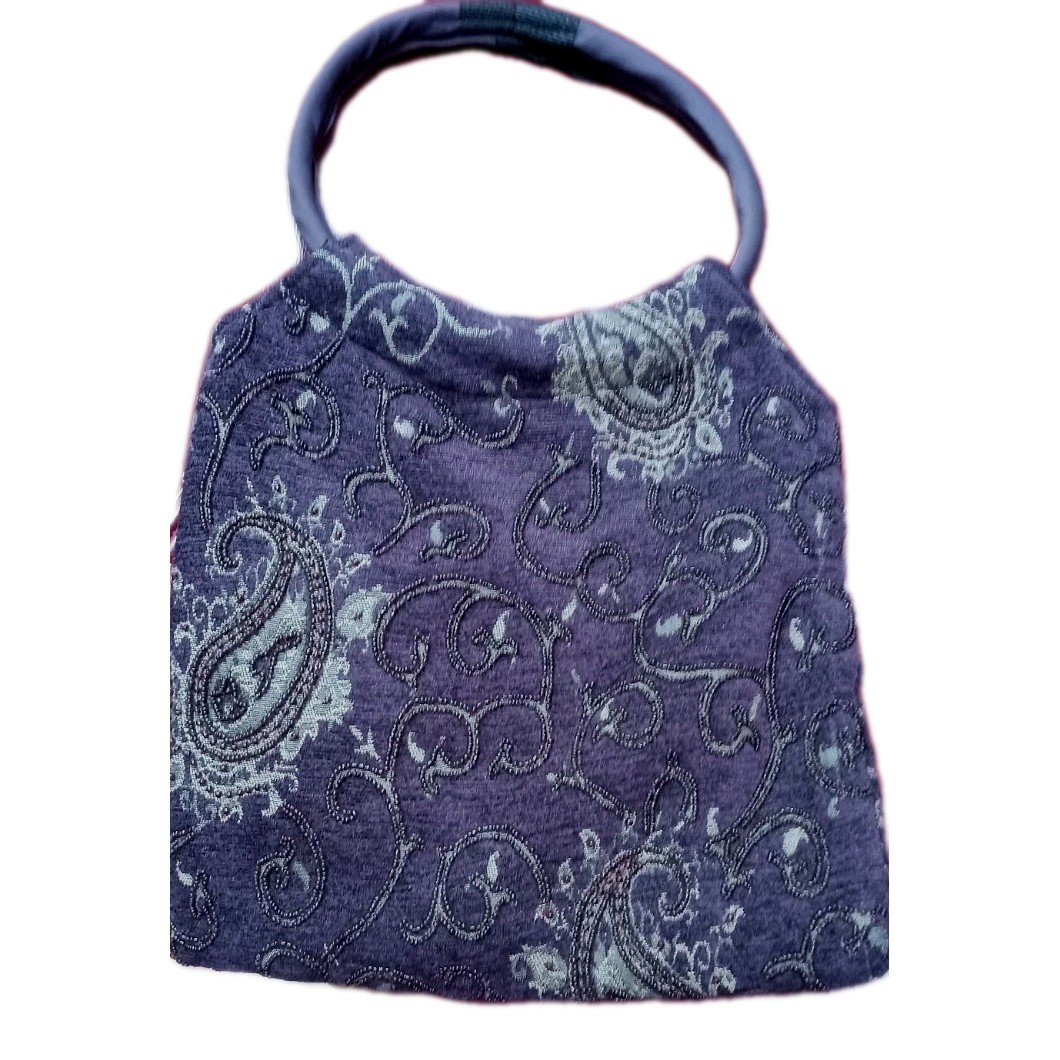 VTG Lovely Beaded Tapestry Purple~grey Paisley Fabric PURSE~ 2 Handles 12″x13″