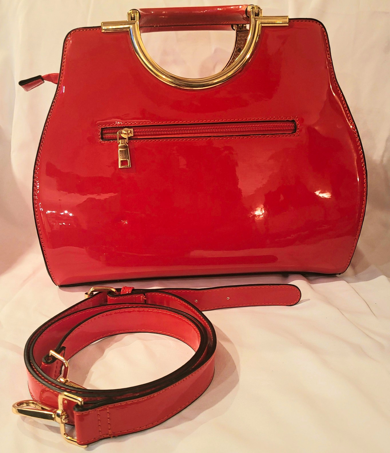 Women’s Red Satchel Top Handle Bag, Gold Hardware, Zip Closure, Adjustable Strap
