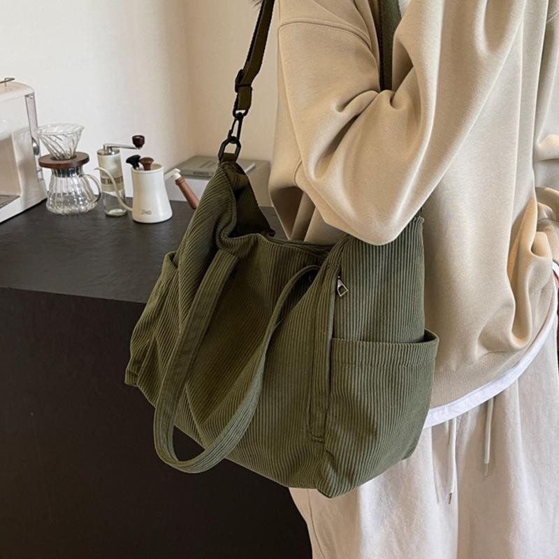 Women’s Corduroy Tote Bag Casual Multi Pocket Handbag Adjustable Crossbody