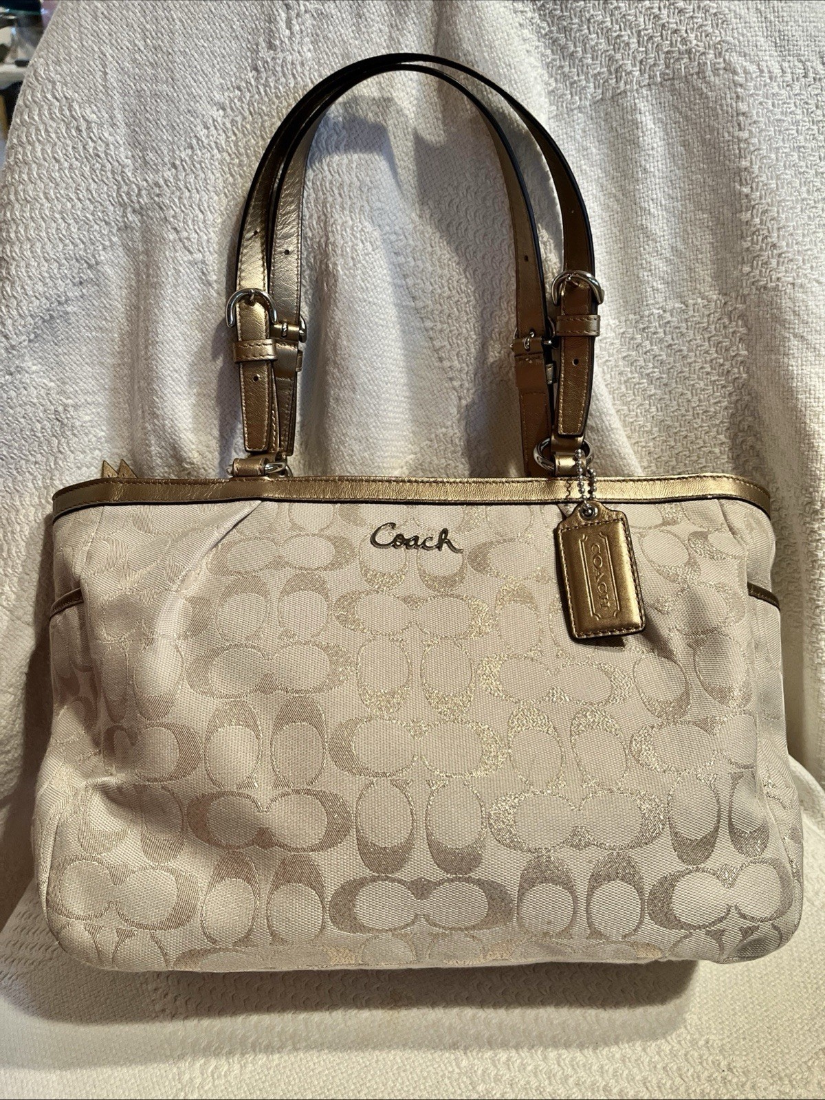 Coach F17724 Gallery East West Tote Gold Lurex Signature Shoulder Purse 12.25”