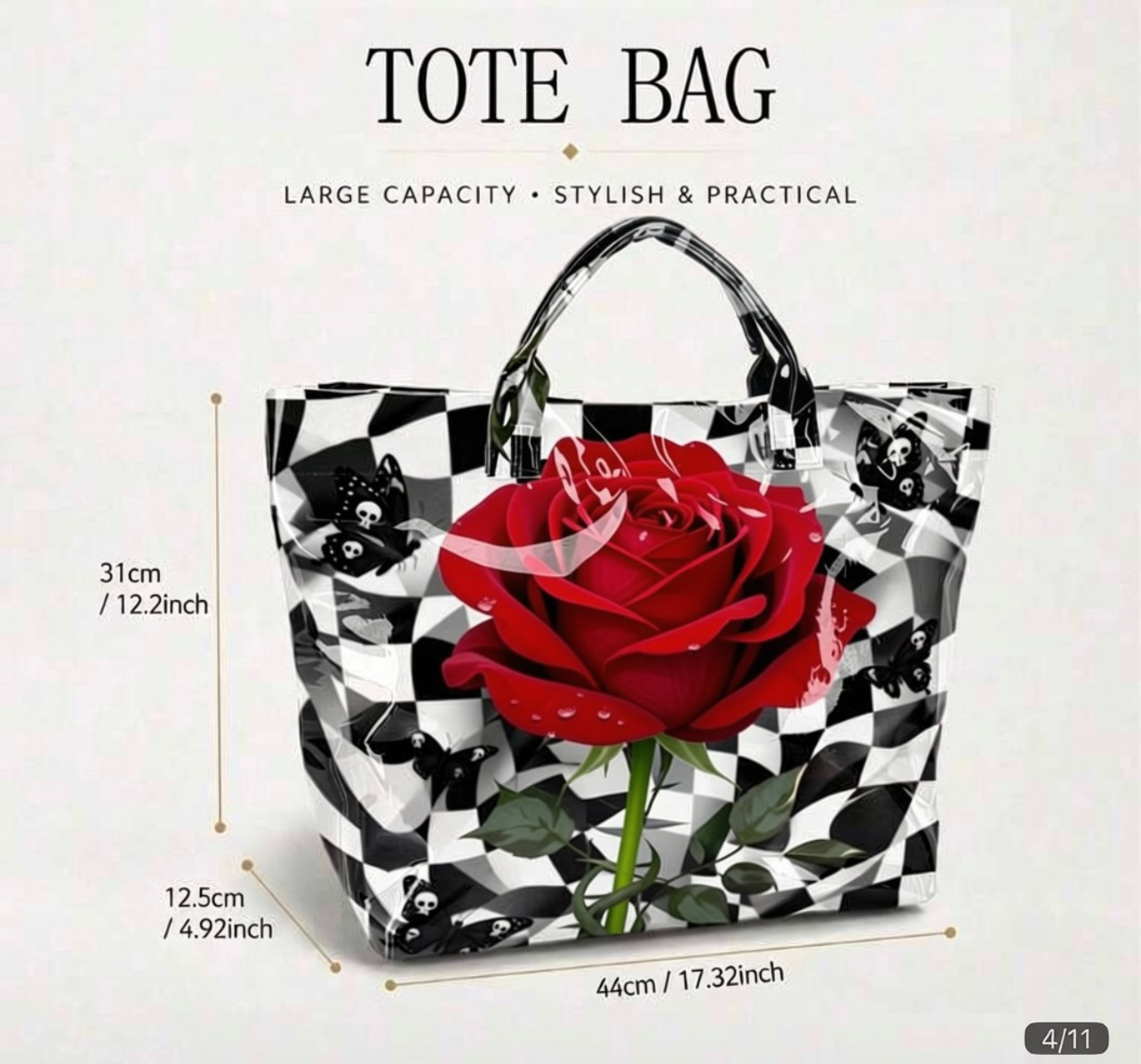 Black White Checker Rose Skull Butterfly PVC Tote Bag Large Capacity Waterproof
