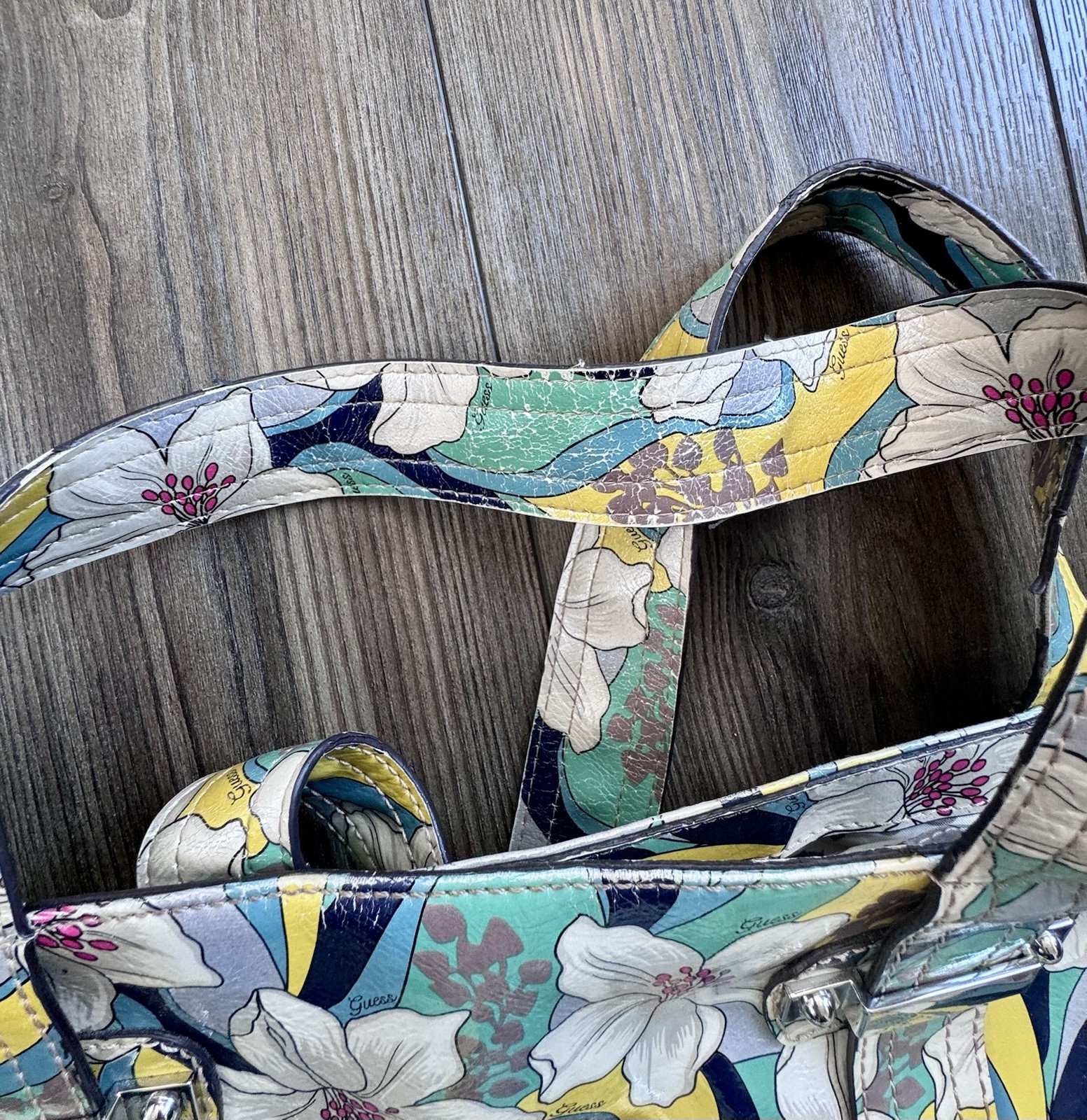 Guess Floral Tote Bag Purse Green Yellow White Gray Navy Blue Y2K Vintage