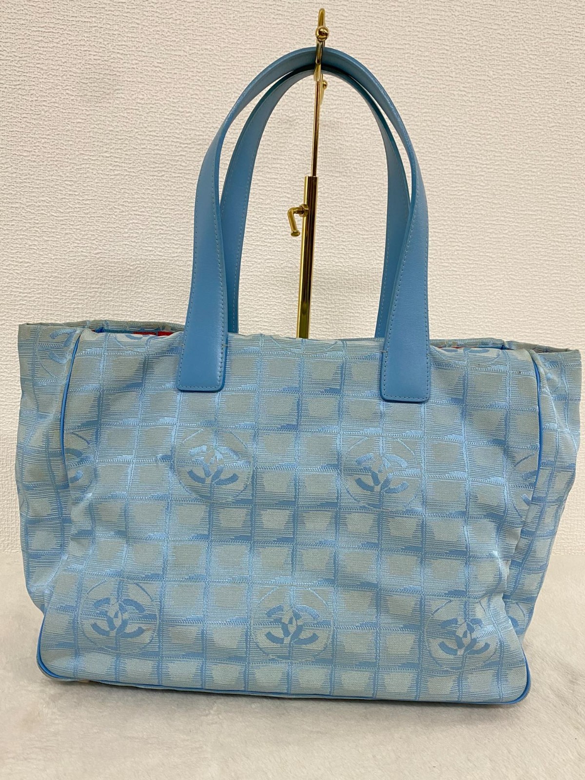 Authentic CHANEL New Travel Line Tote Bag MM Light Blue Nylon Canvas
