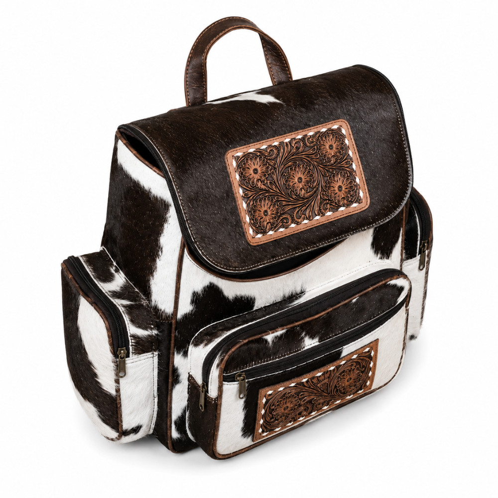Hair On Cowhide Leather Backpack Western Tooled Travel Rucksack Women Bag
