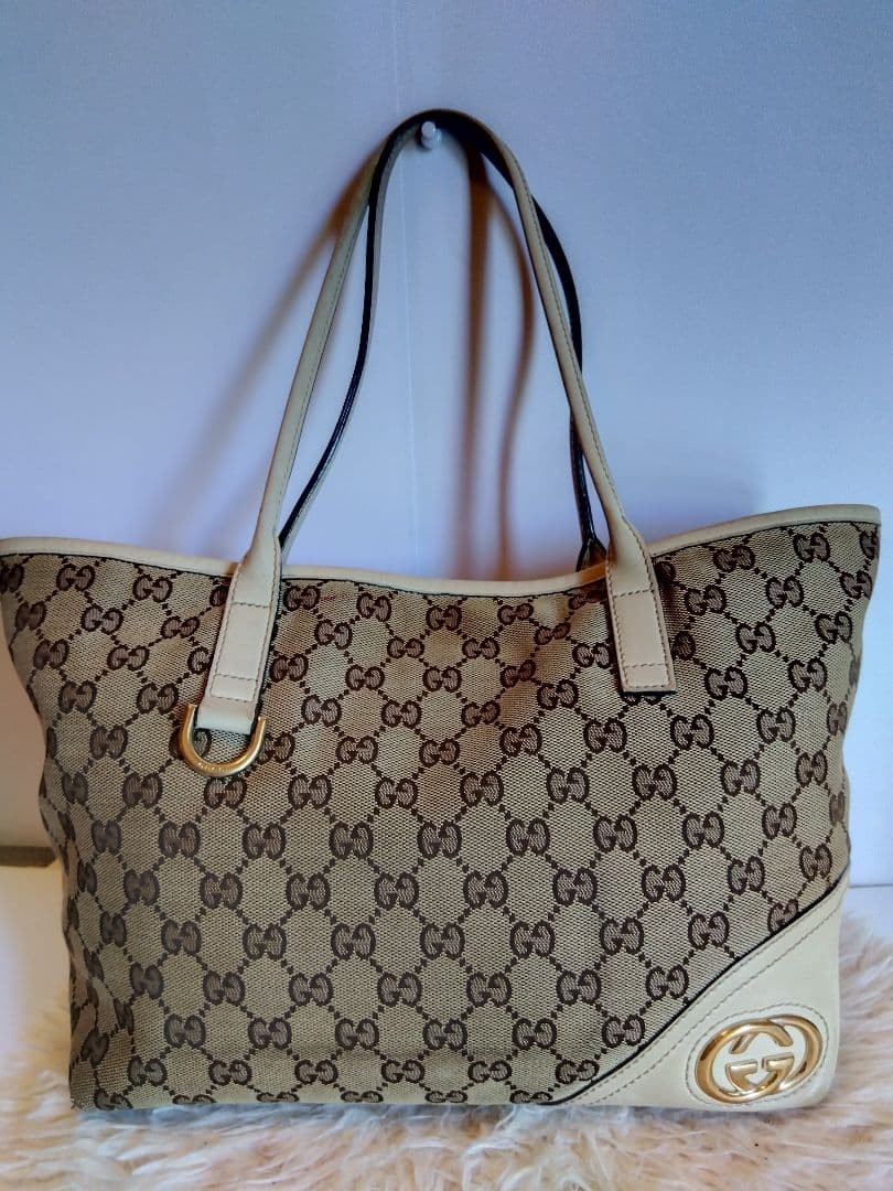 GUCCI GG Canvas Leather Tote Bag Beige Women Auth 9.05 x 11.02 x 4.72inch