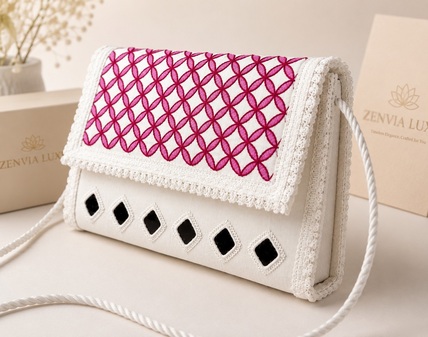 Handmade Embroidered White Clutch Bag Pink Floral Crossbody Evening Purse