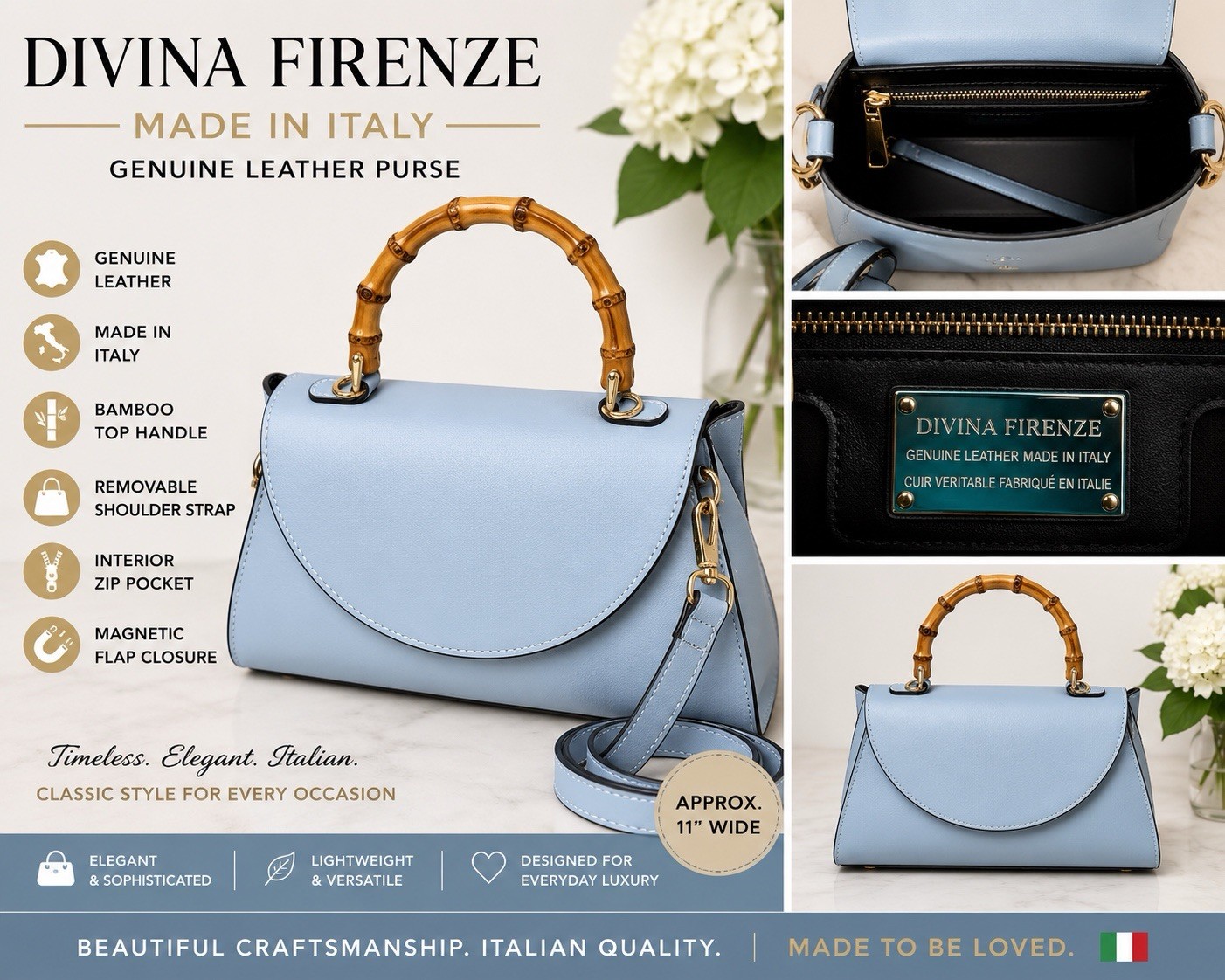 Divina Firenze Genuine Leather Handbag Made in Italy Bamboo Handle