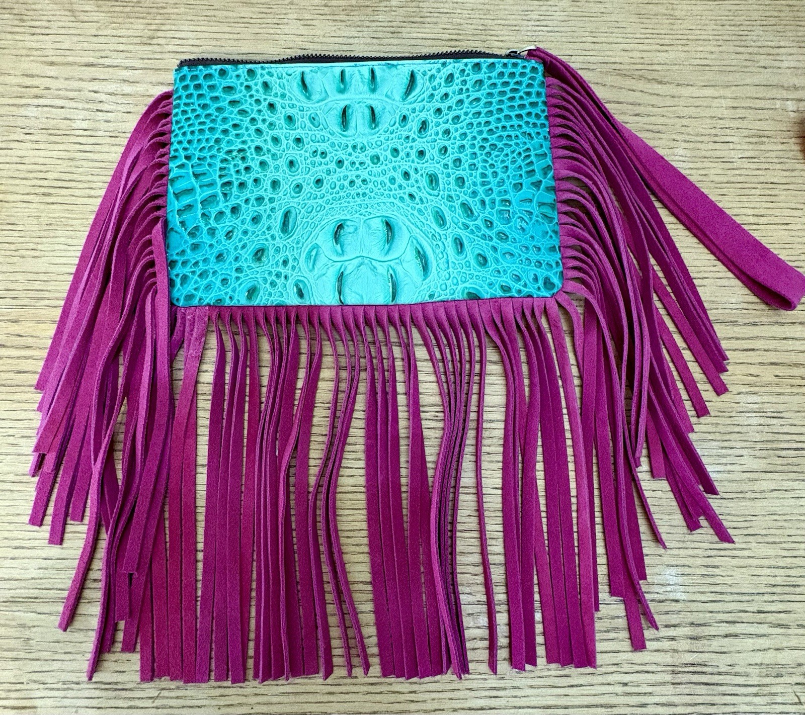 L&B Turquoise Embossed Leopard Print Fringe Wristlet Clutch Zip Pockets