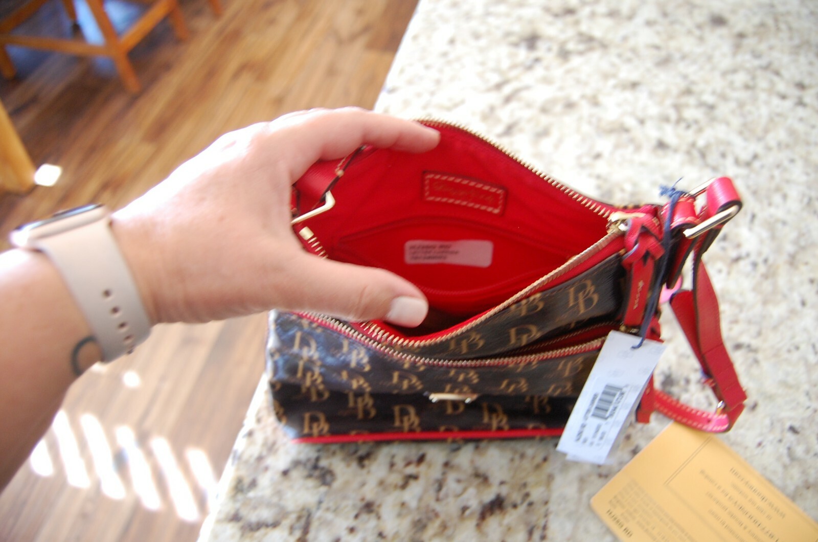 DOONEY & BOURKE NWT RED MONOGRAM CANVAS w/ LEATHER Trim Letter Carrier CROSSBODY