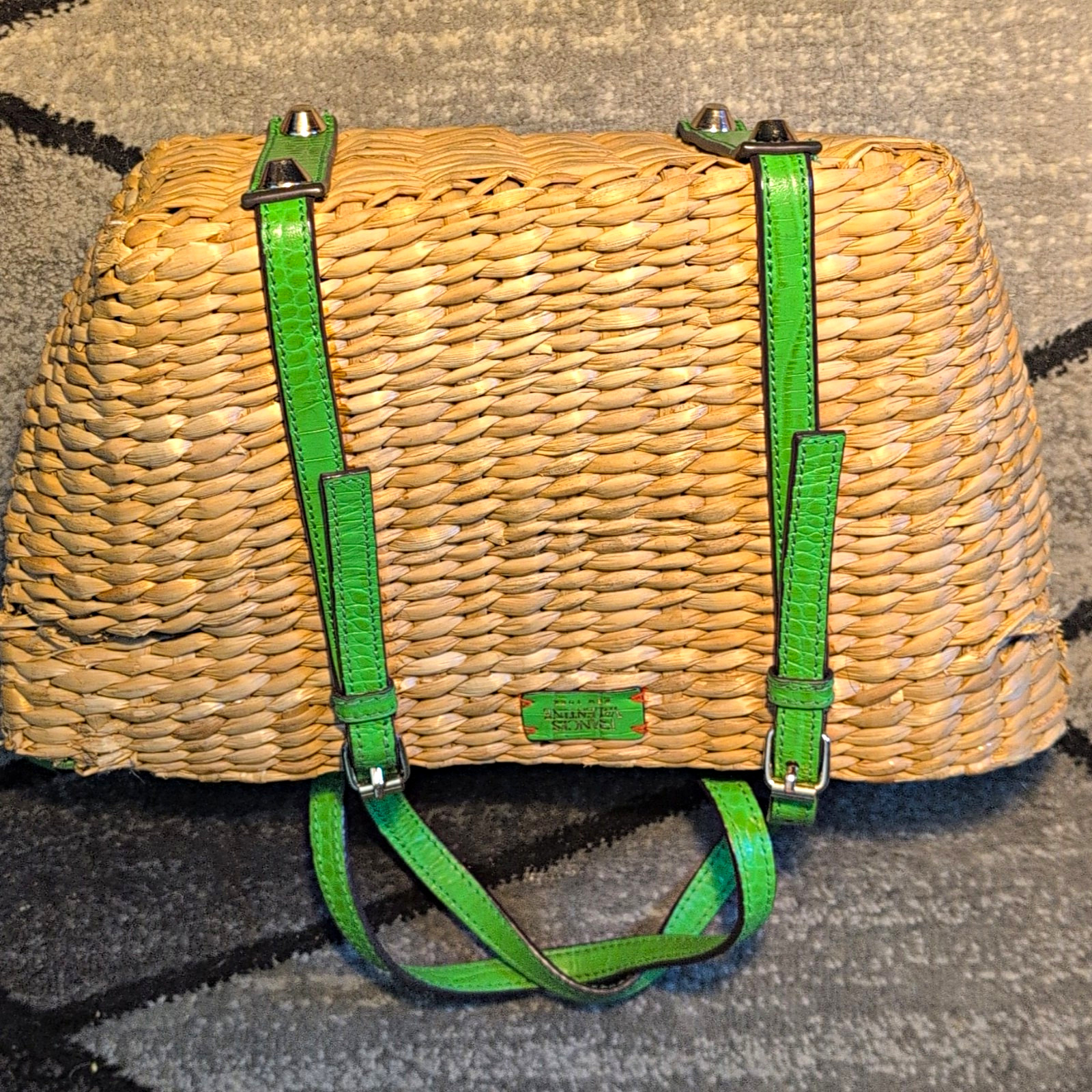 Frances Valentine Woven Tote Bag Beige, Green Leather Double Handles, Lined