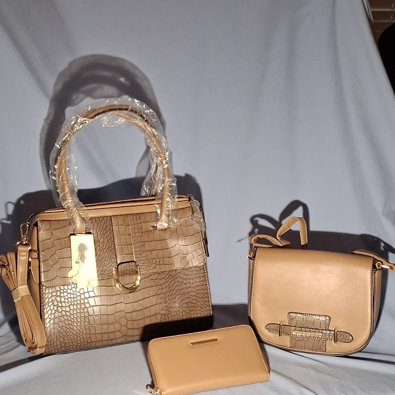 Tan Croc Embossed Zip Satchel Top Handle, Crossbody & Wallet Set, Gold