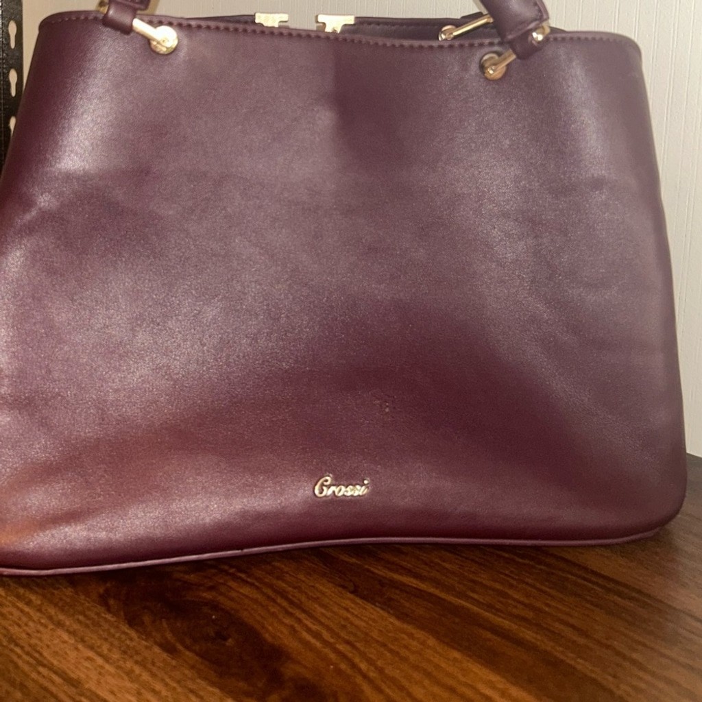 Burgundy Satchel Bag Gold V Top Handle Crossbody Strap Minimalist Purse Maroon