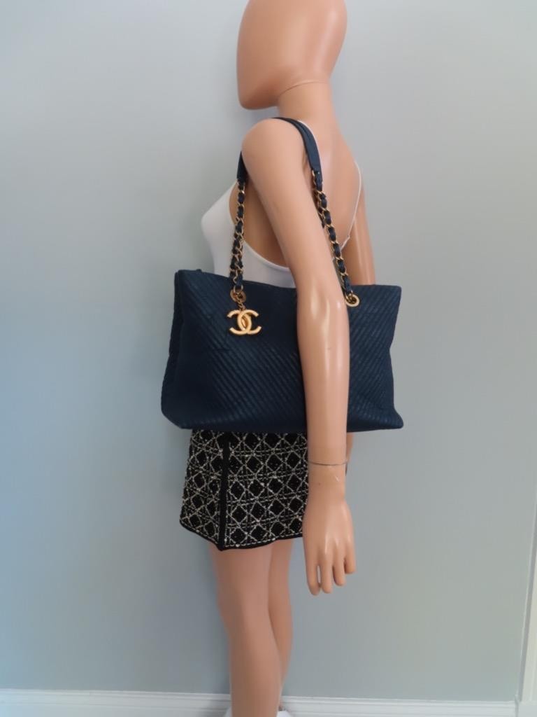 CHANEL Navy Leather Chevron Quilted/Brushed Gold Hardware Tote Bag