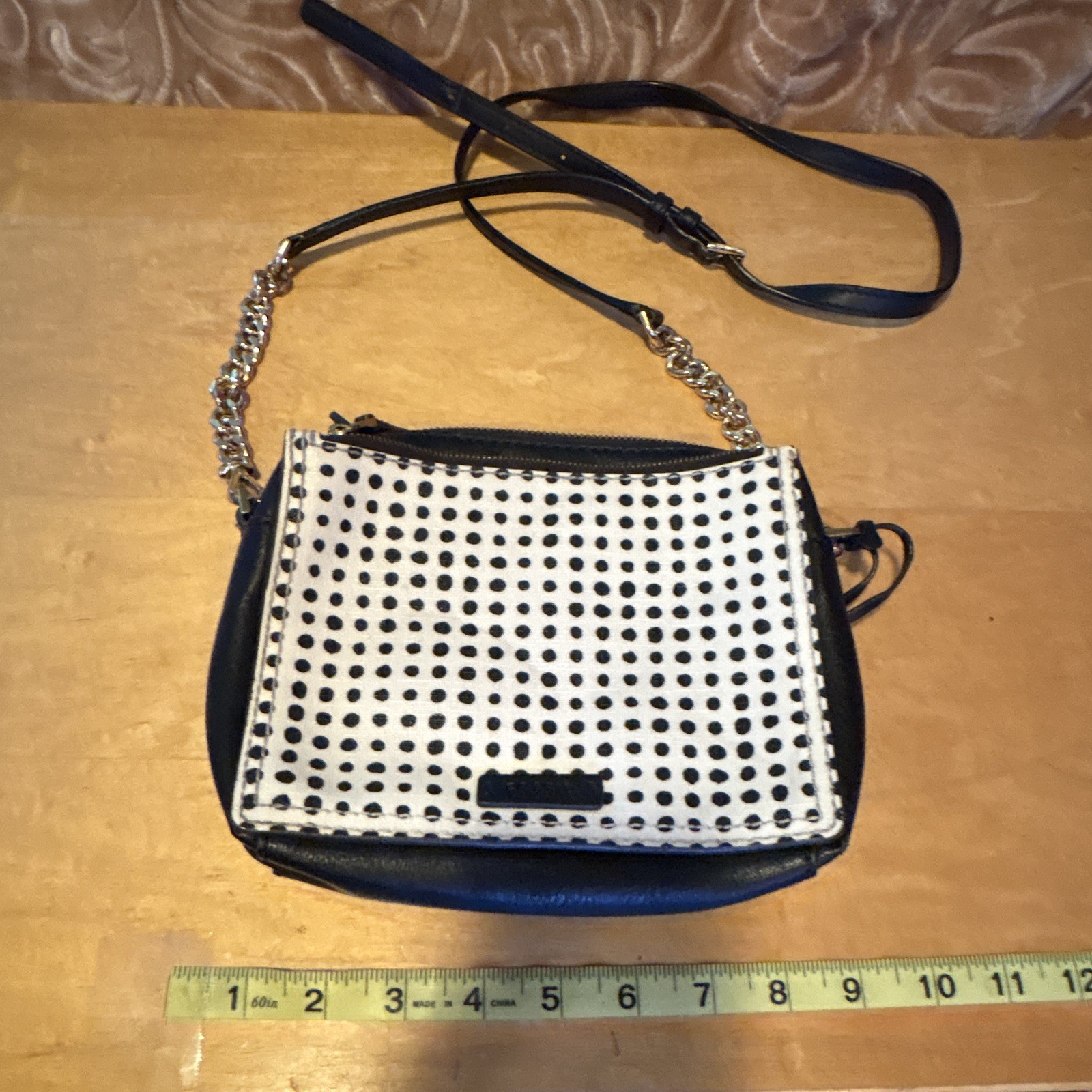 Fossil Black White Polka Dot Small Crossbody Zip Chain Strap Bag Charm Silver