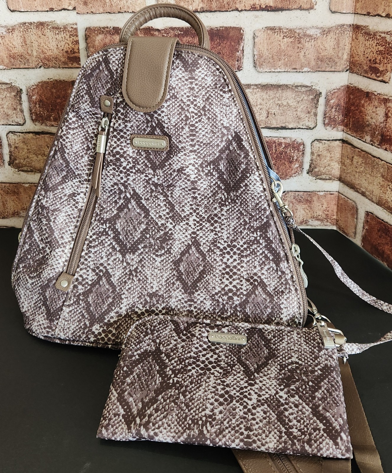 NWT Baggallini Metro Convertible Backpack Sling Tan Python Print $98 RFID