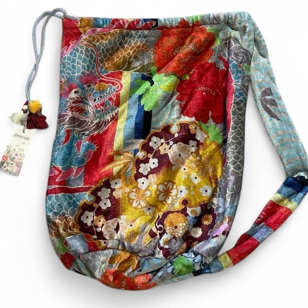 NWT $225 Johnny Was Blanket Boho Banana Bag Tie Closure Tassels Floral