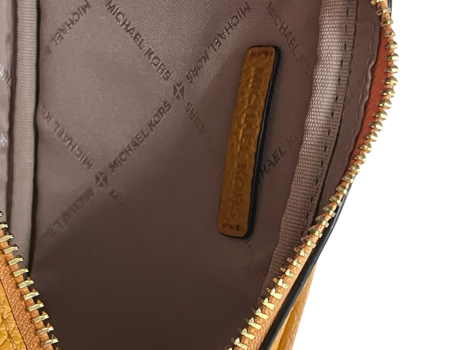 NWT MICHAEL KORS Fulton Double-Zip Leather Crossbody Bag Luggage/Gold Logo $140
