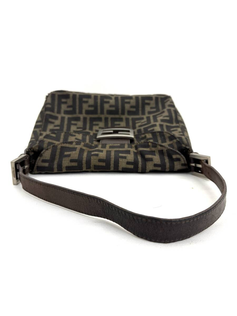 FENDI Mamma Baguette Shoulder Handbag Zucca Pattern Khaki Black Leather Brown