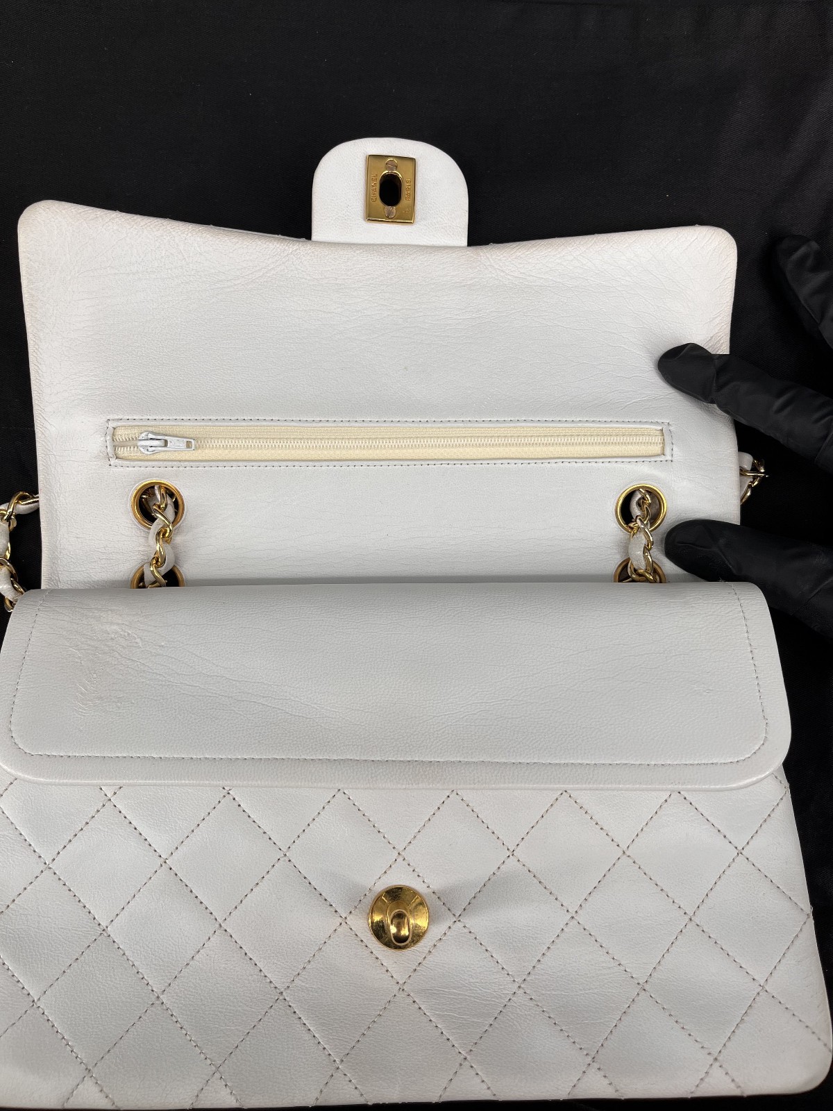Authentic Chanel Medium Classic Double Flap White Caviar Light Gold HW Bag