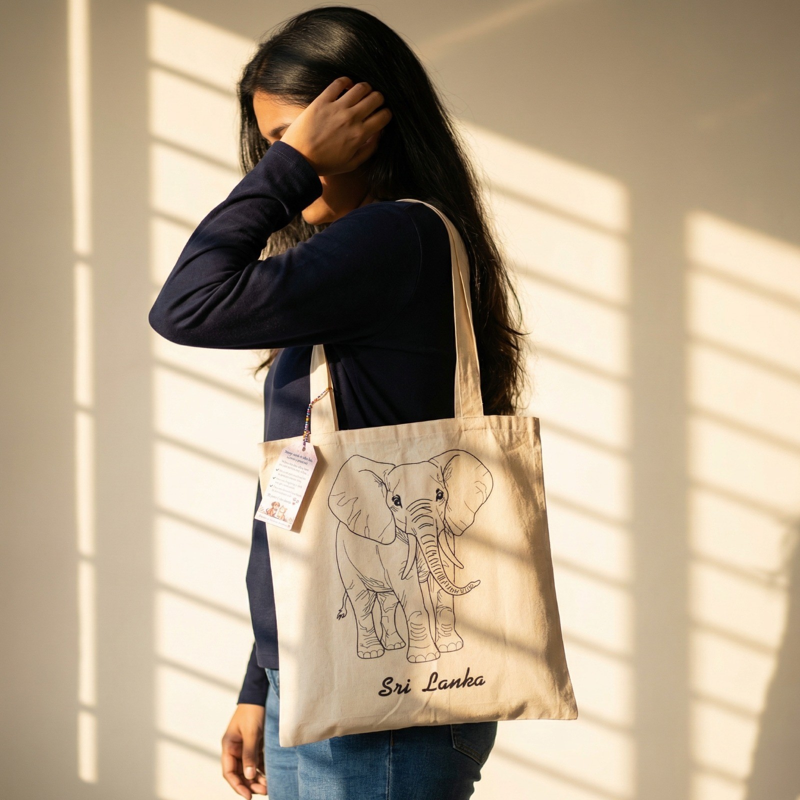 Handmade Canvas Tote Bag – Eco-Friendly Elephant Print Sri Lanka – Reusable Cott