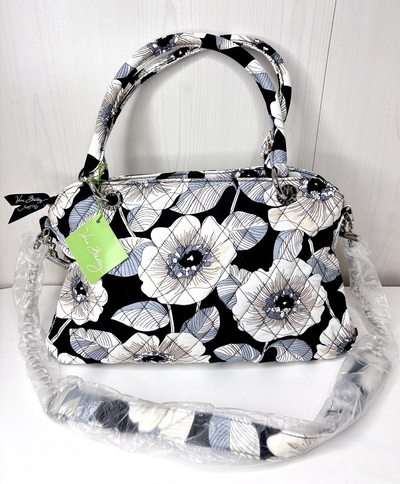 Vera Bradley Camellia Chain Hand Bag Floral Quilted Black White Shoulder RETIRED