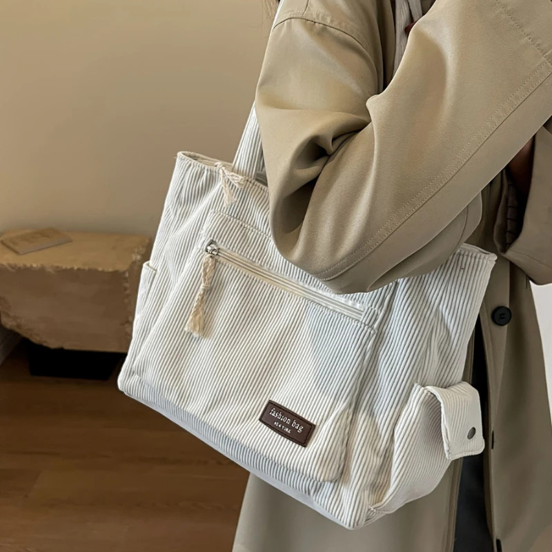 Tote Bag Solid Color Shoulder Bag Retro Multi Pockets Handbag School Work