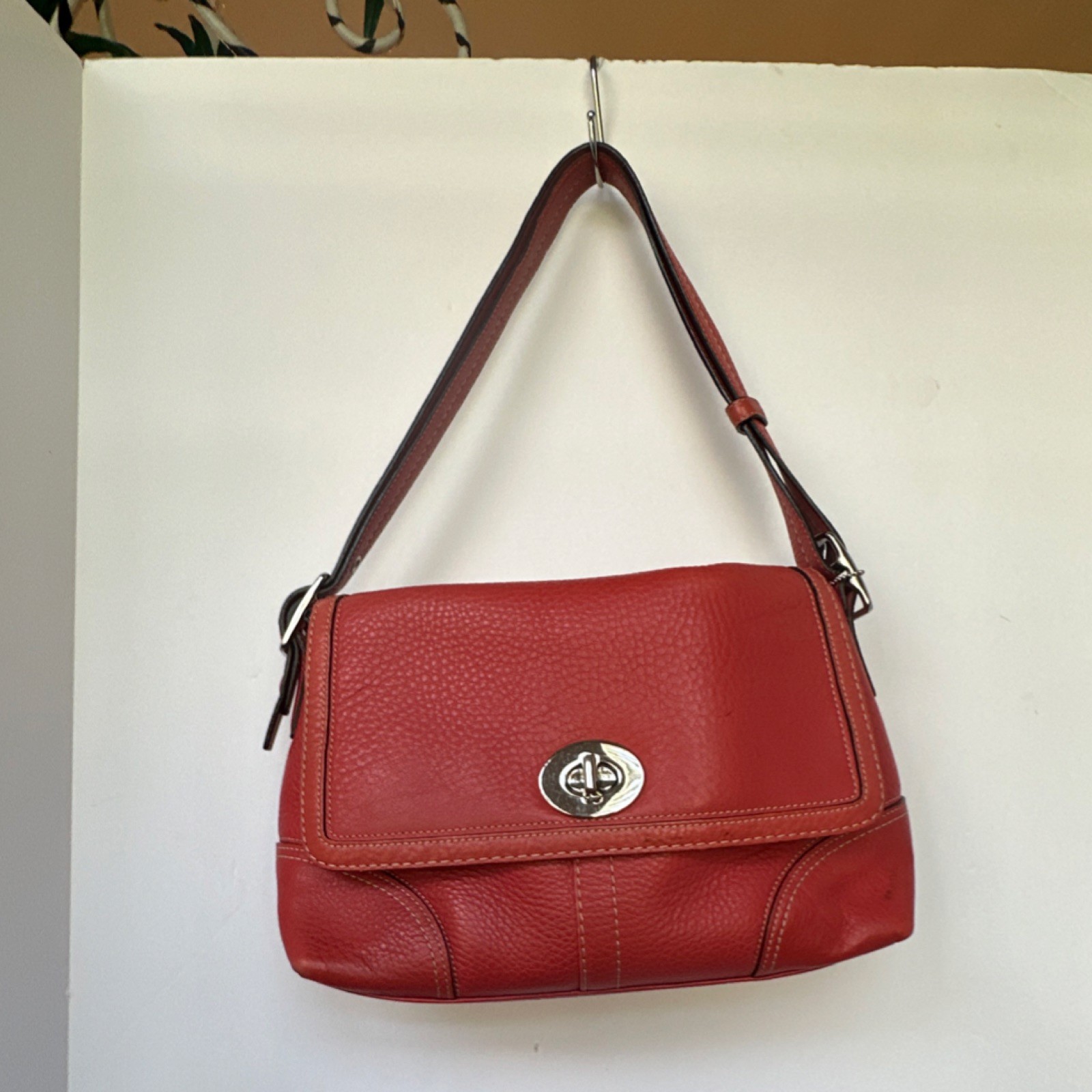 Coach Burnt Orange Pebbled Leather Shoulder Bag Turn Lock Stitching Tag Women’s